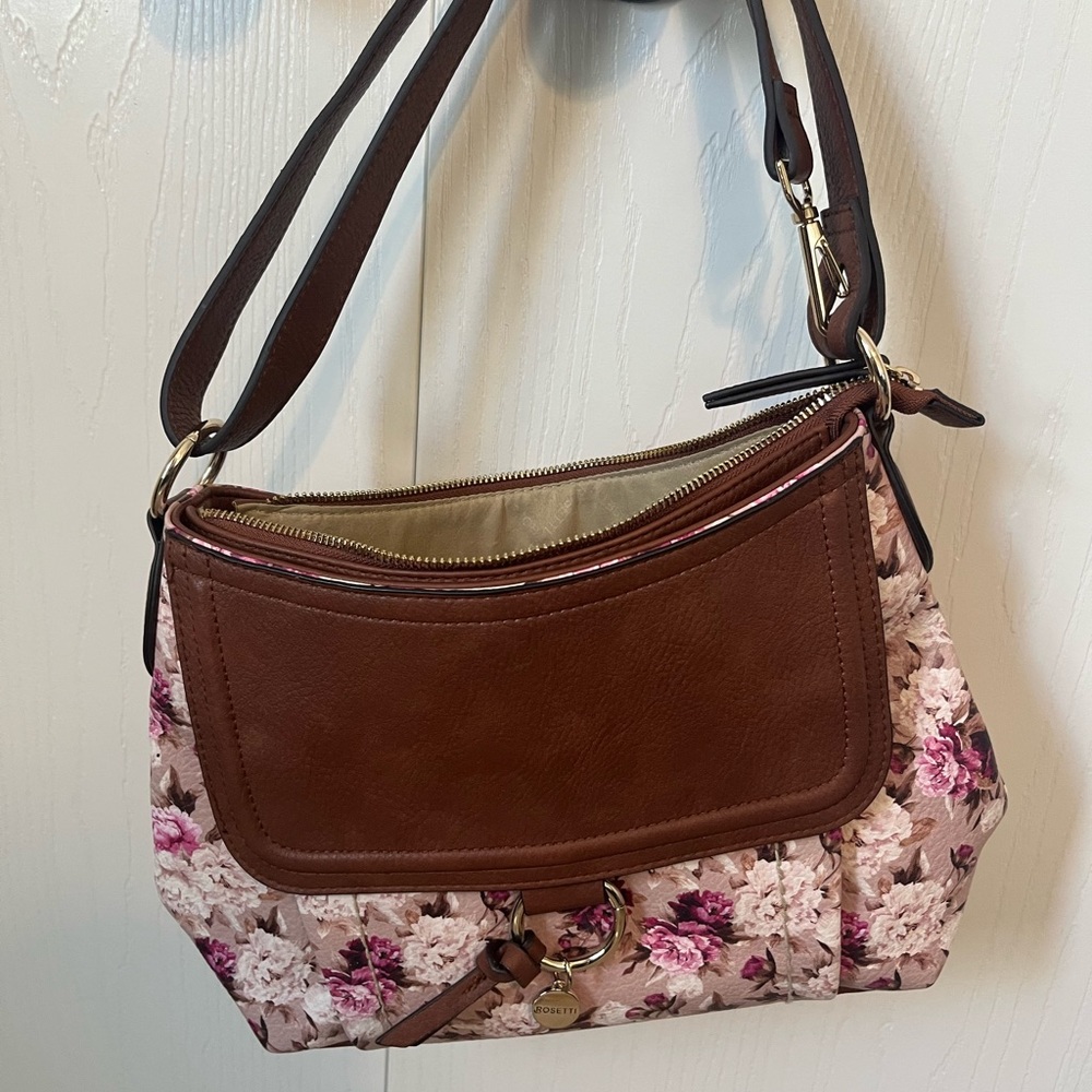 Rosetti Crossbody Bag Purse Pink and Brown Floral Zippered Like New